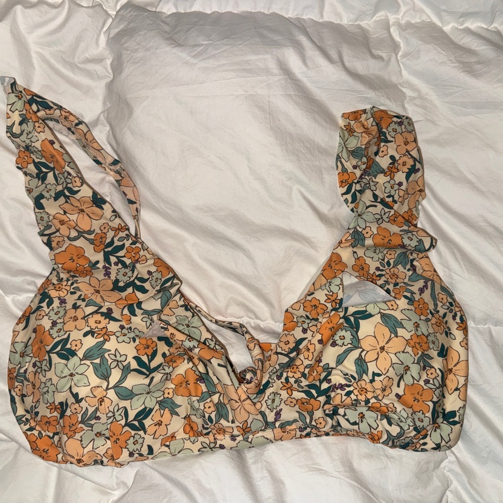 Floral Bikini Top with Orange and Green Accents